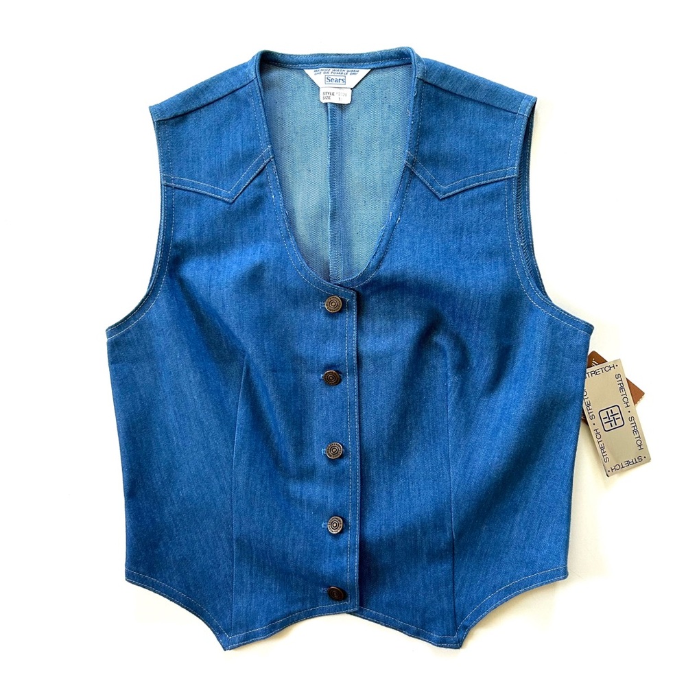 Vintage 70s Sears Medium Wash Cotton Blend Stretch Button Denim Jean Vest